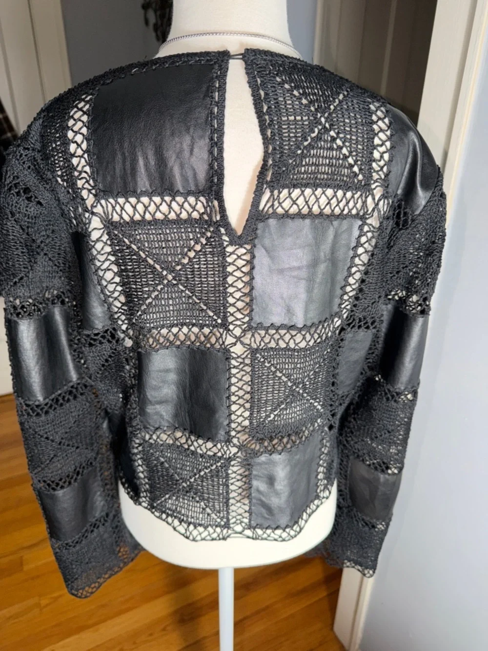 Zara Black Cropped Leather-Lace Grid Top